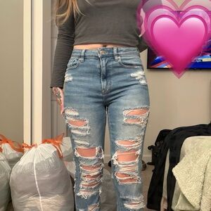 American Eagle Outfitters High Rise Distressed Light Blue Mom Jeans